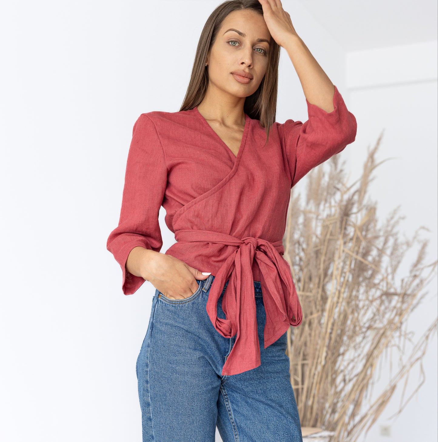 red linen wrap top