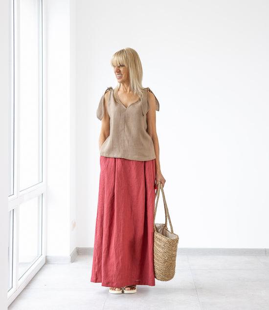 Red Linen Maxi Skirt