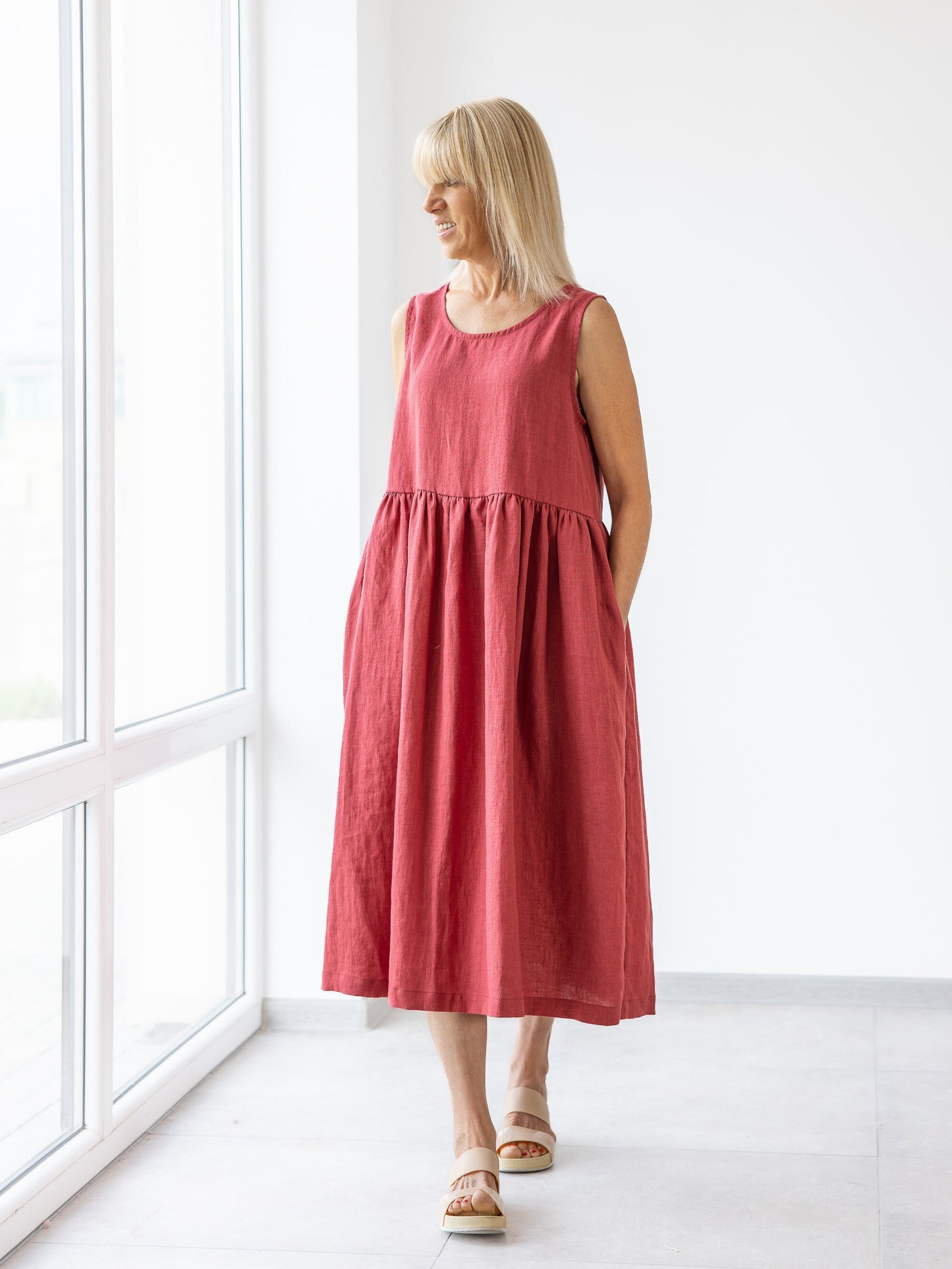 Red Linen midi dresses for woman 