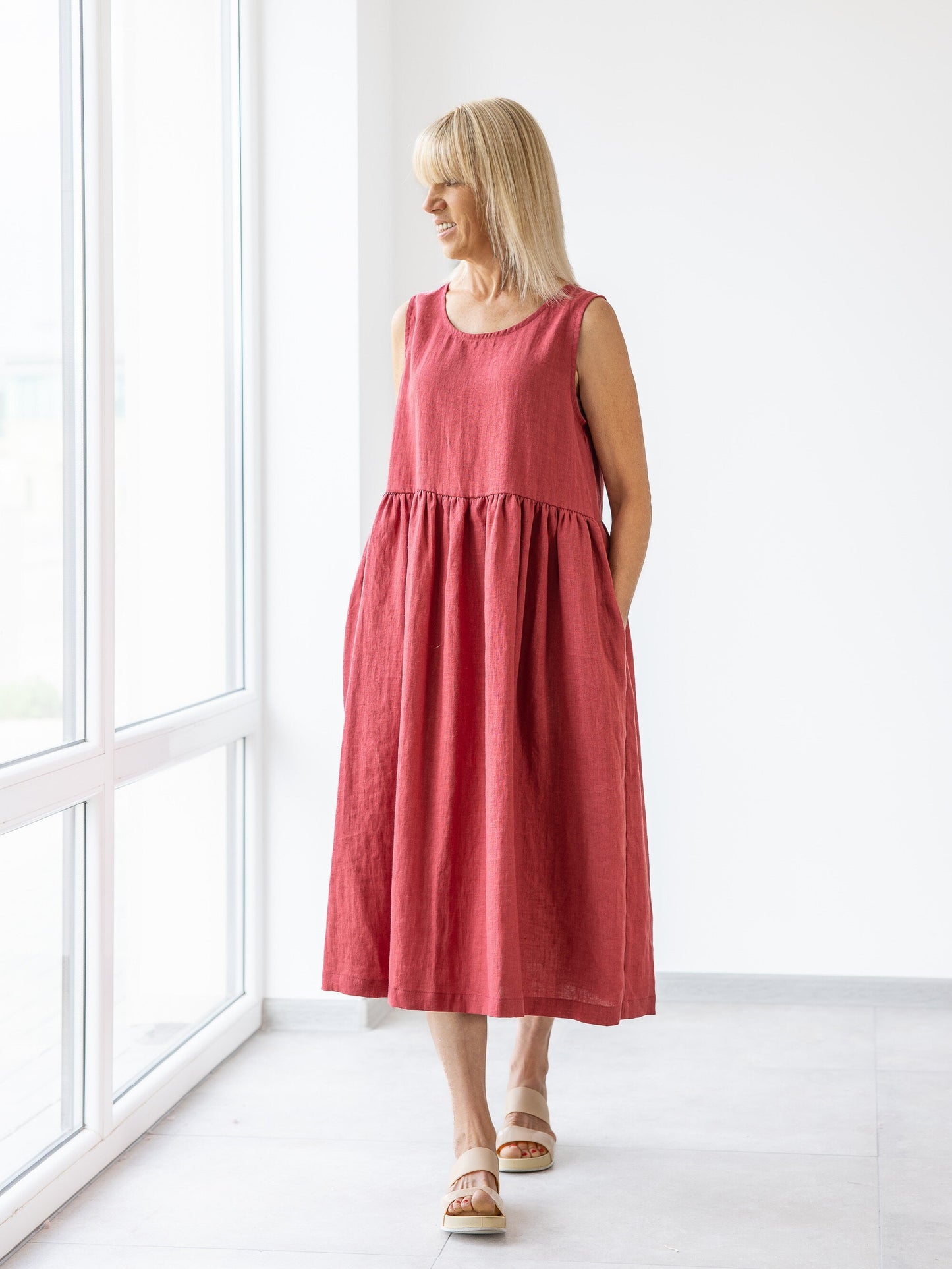 Red Linen midi dresses for woman