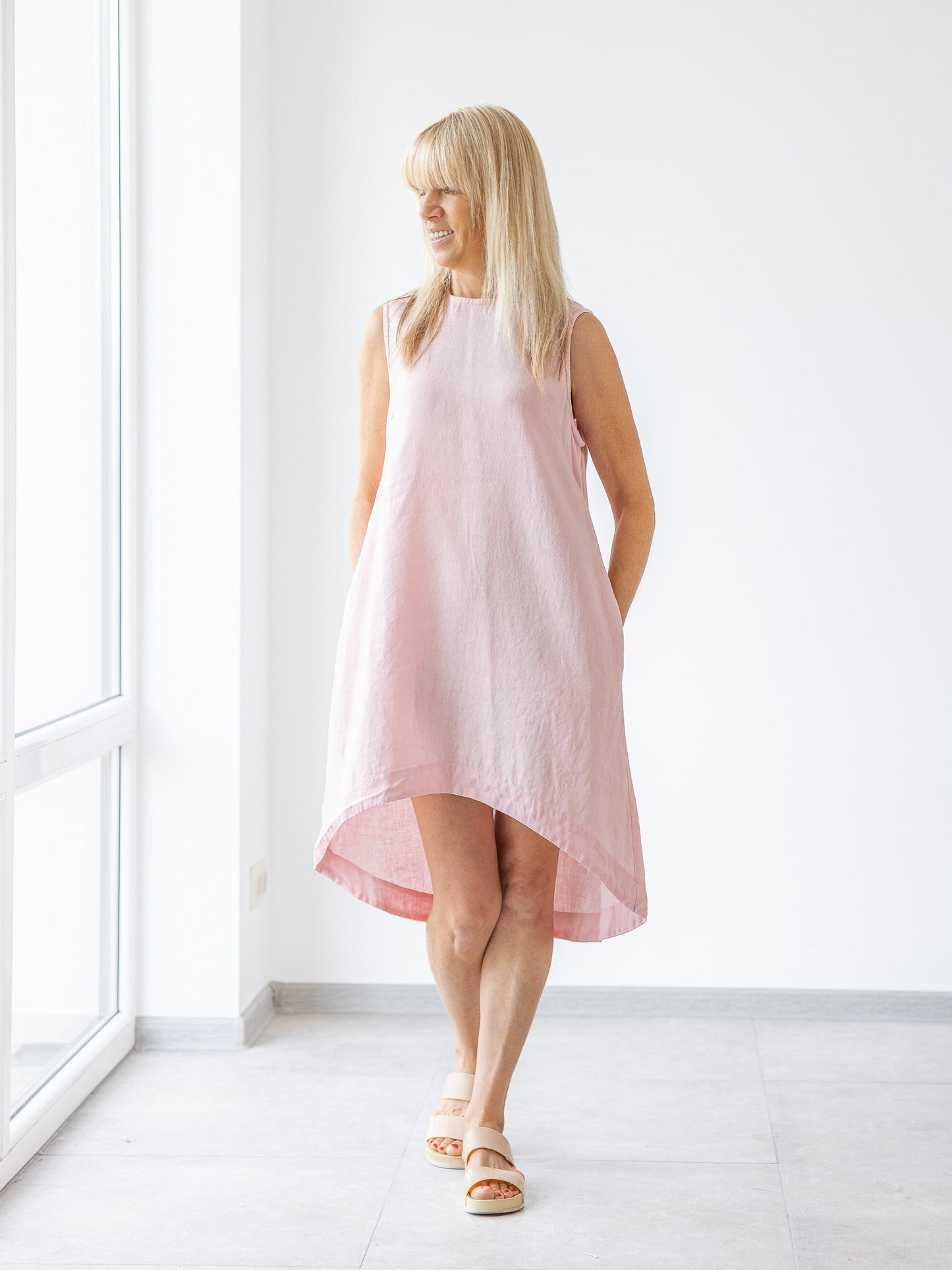 Women Linen Pink dress midi