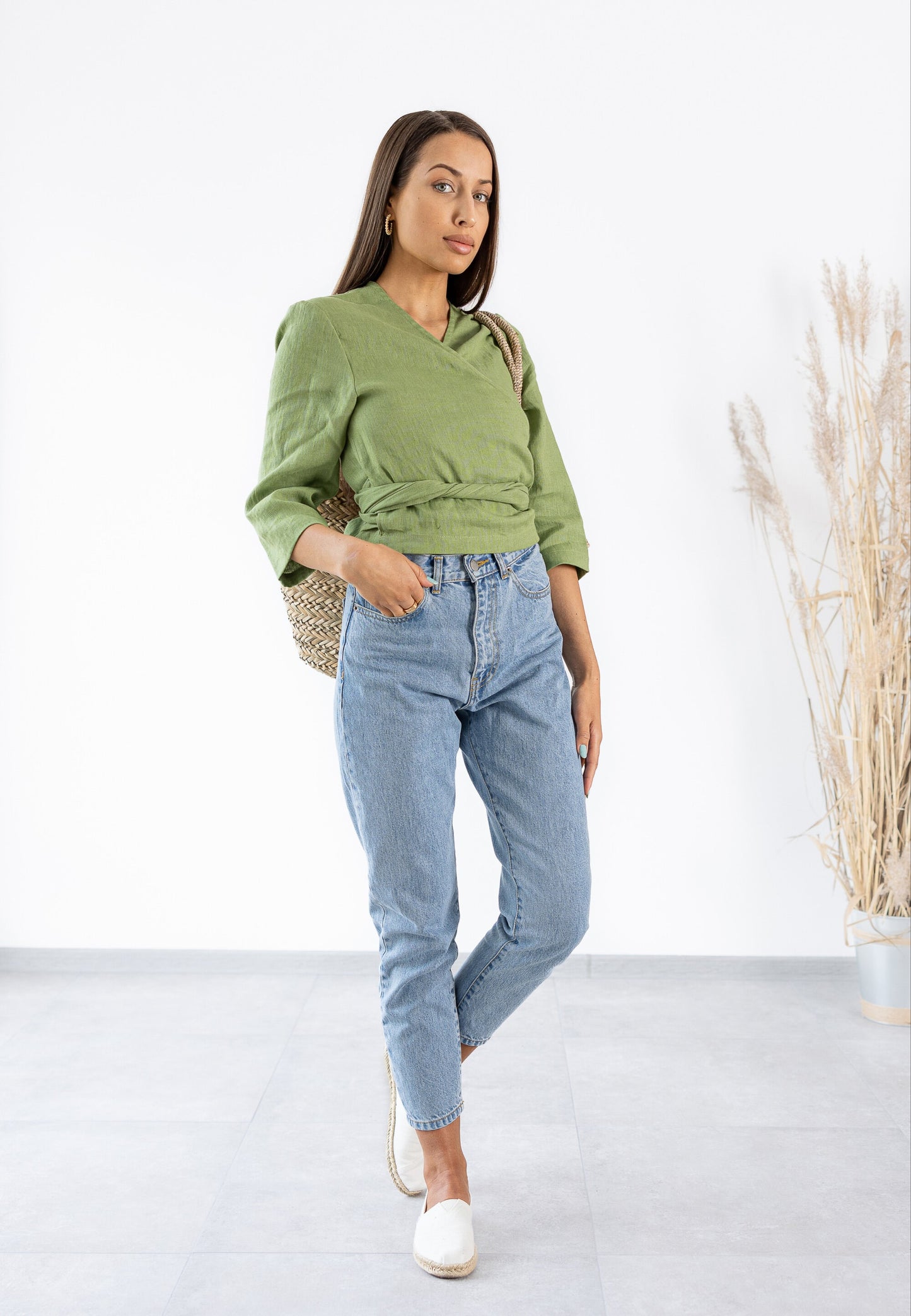 Linen Wrap Top Green