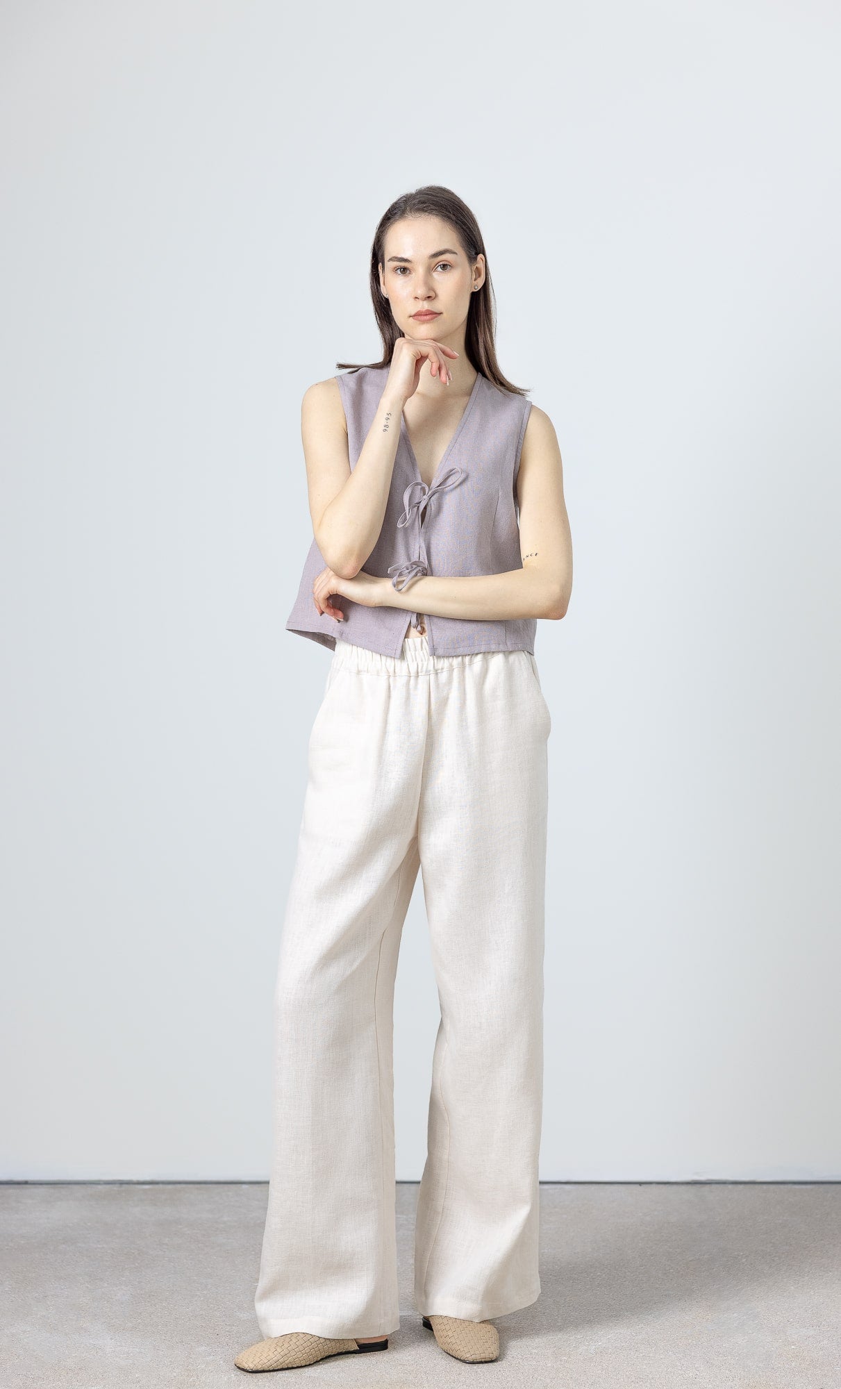 Linen vest for women – minimalist and sleeveless with tie front, made from 100% natural linen