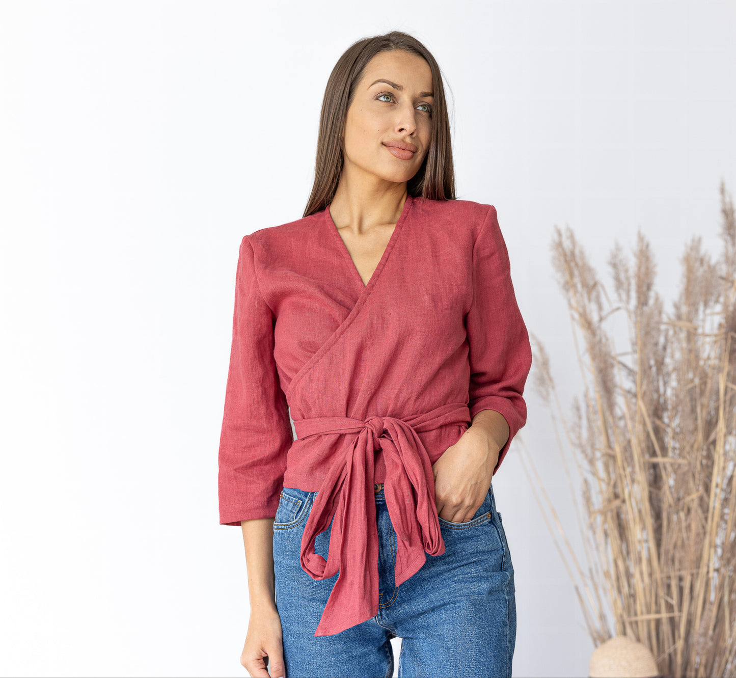 women's red linen top