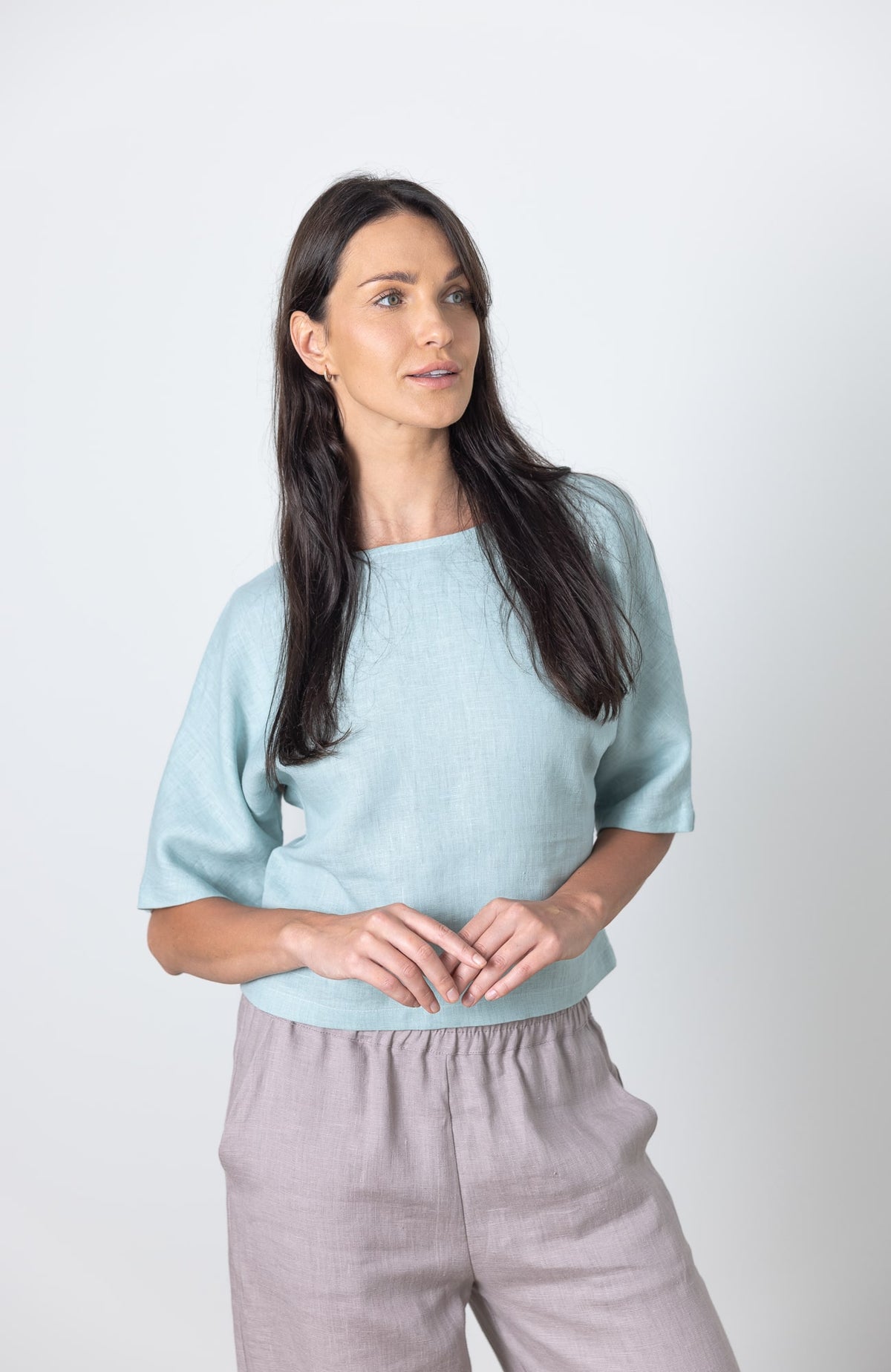 Natural linen short sleeve crop top in airy boxy cut – sustainable wardrobe piece