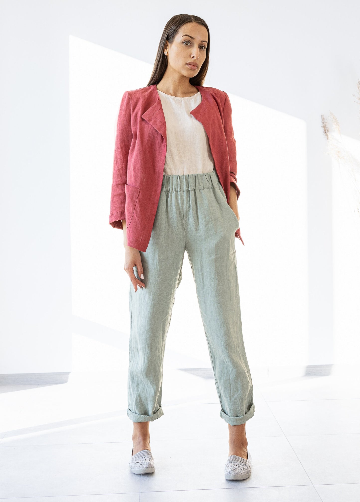 linen pants and linen blazer red