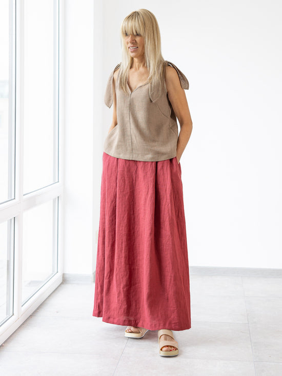 Women red linen skirt