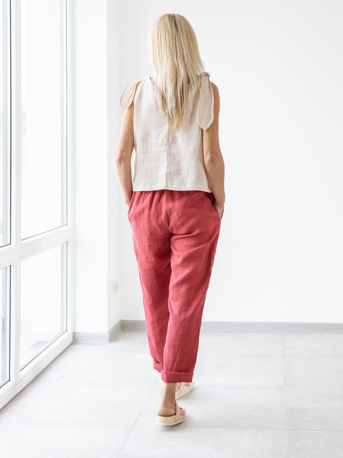 Paper bag women's red linen pants