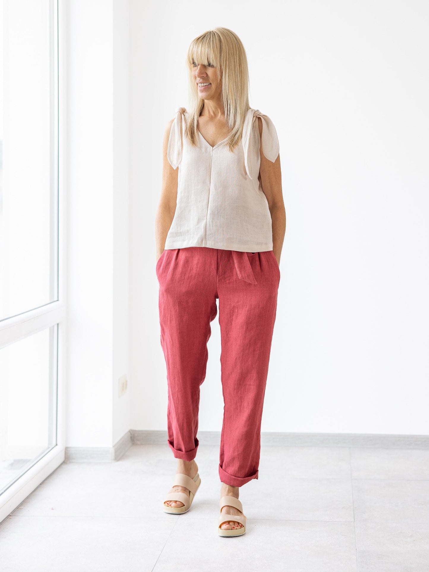 Paper bag linen pants red women