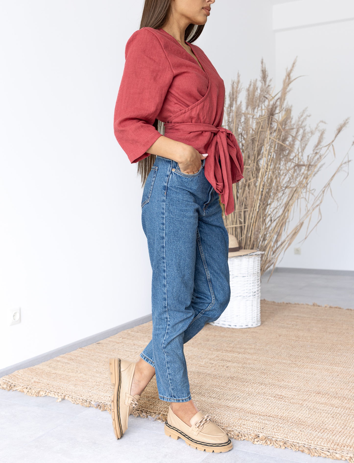 red linen wrap blouse