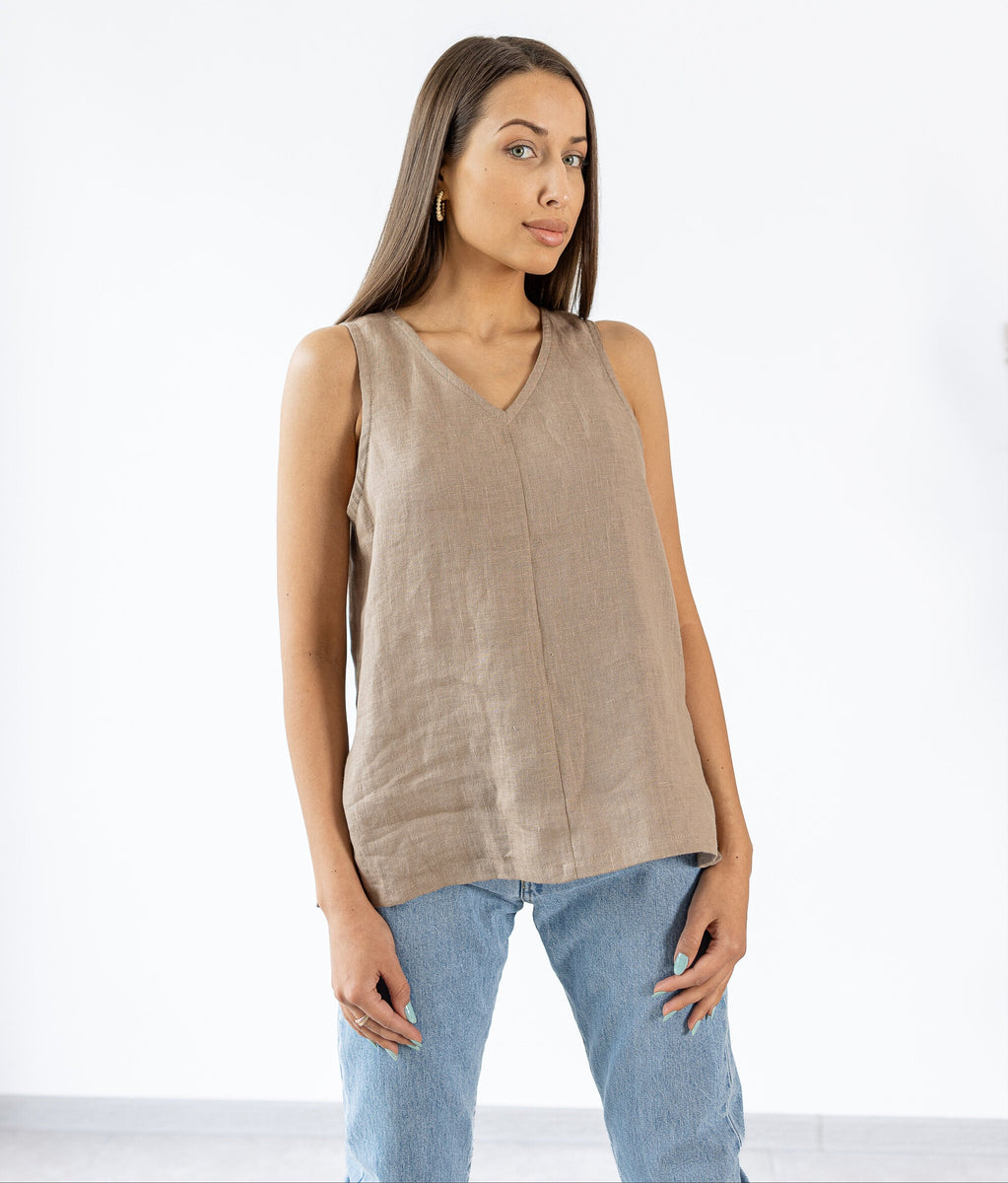 トップス LINEN SLUB TANK TOP teak brown LINEN SLUB TANK TOP in teak brown Tank