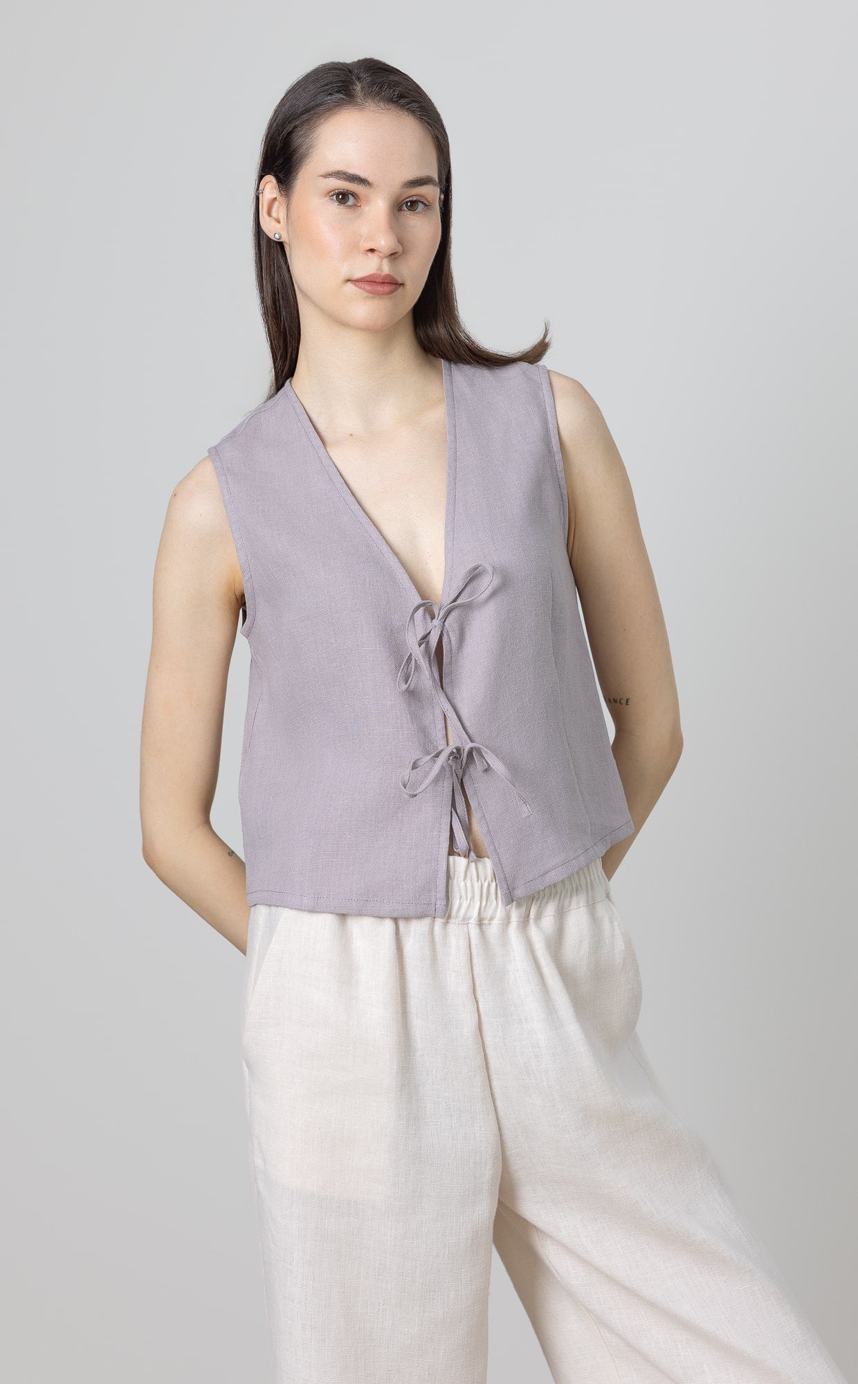 Linen sleeveless vest with front ties – simple, elegant, and handmade for women