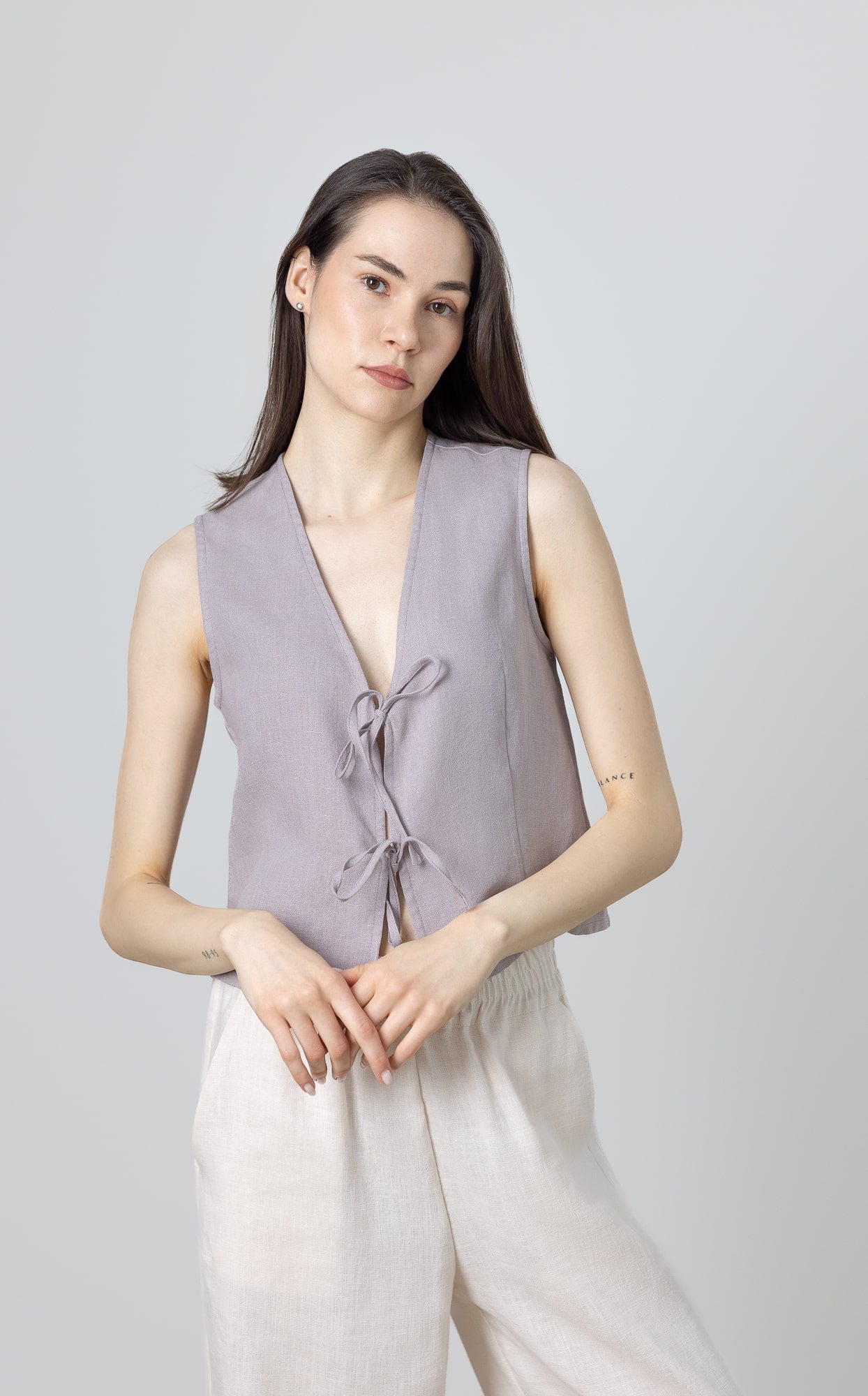 Tie front vest for women – made from 100% linen, perfect for capsule wardrobes and hot days