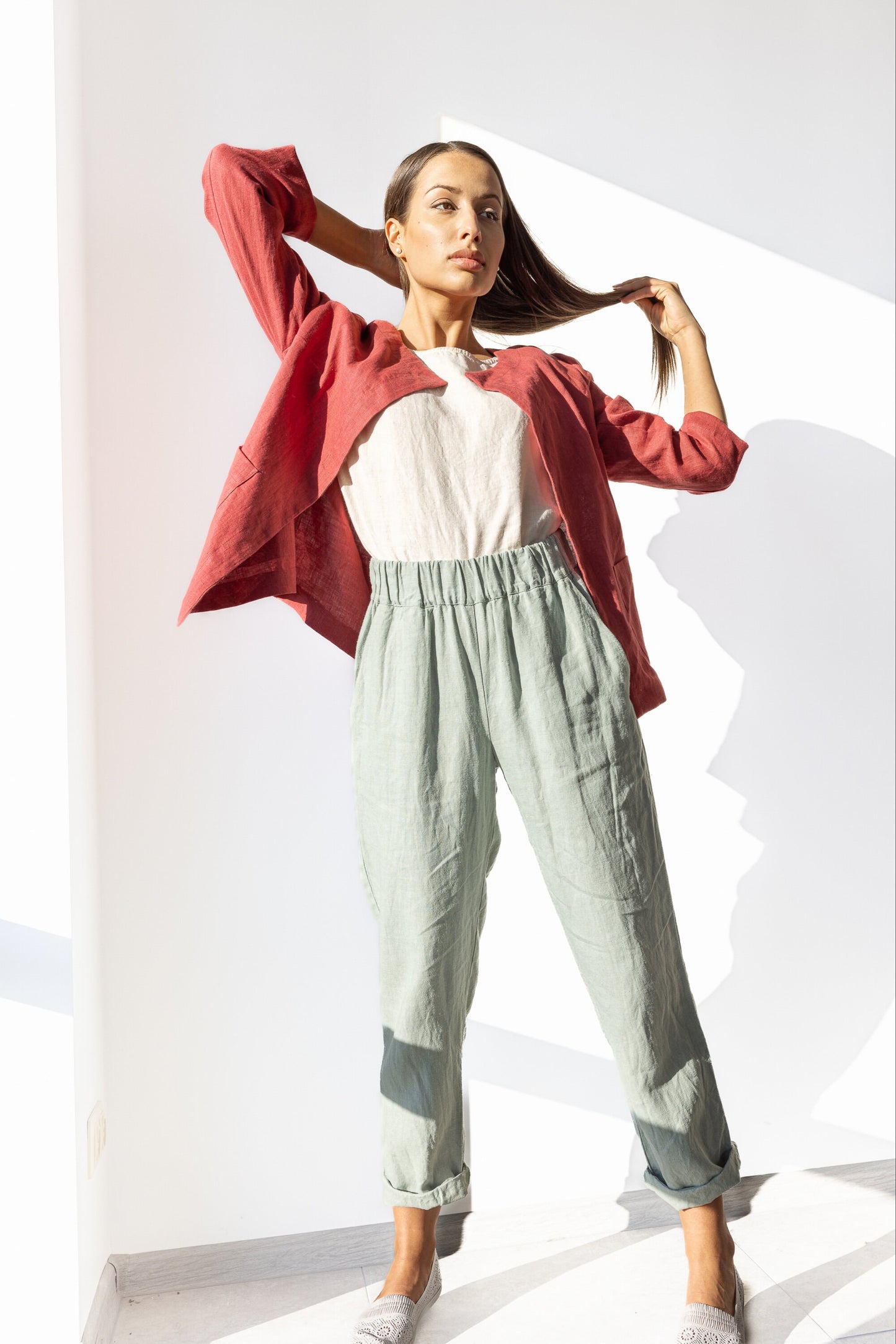Linen red cardigan for women