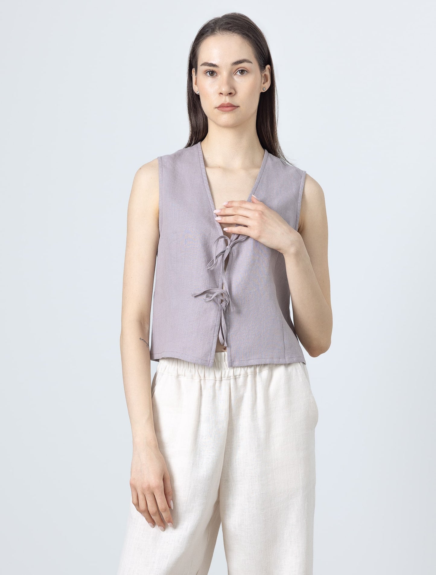 Women's tie front linen vest – handmade sleeveless top in breathable linen for summer outfits
