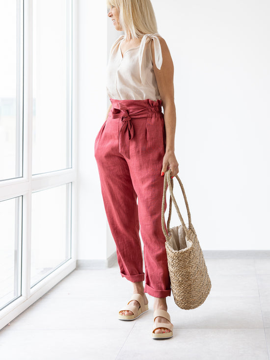 minimalist linen pants red