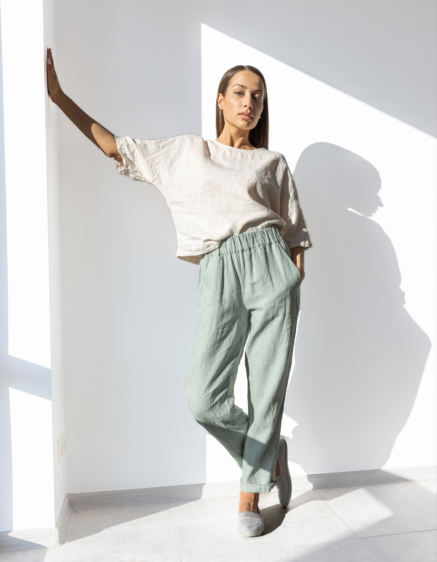Light green linen trousers for women