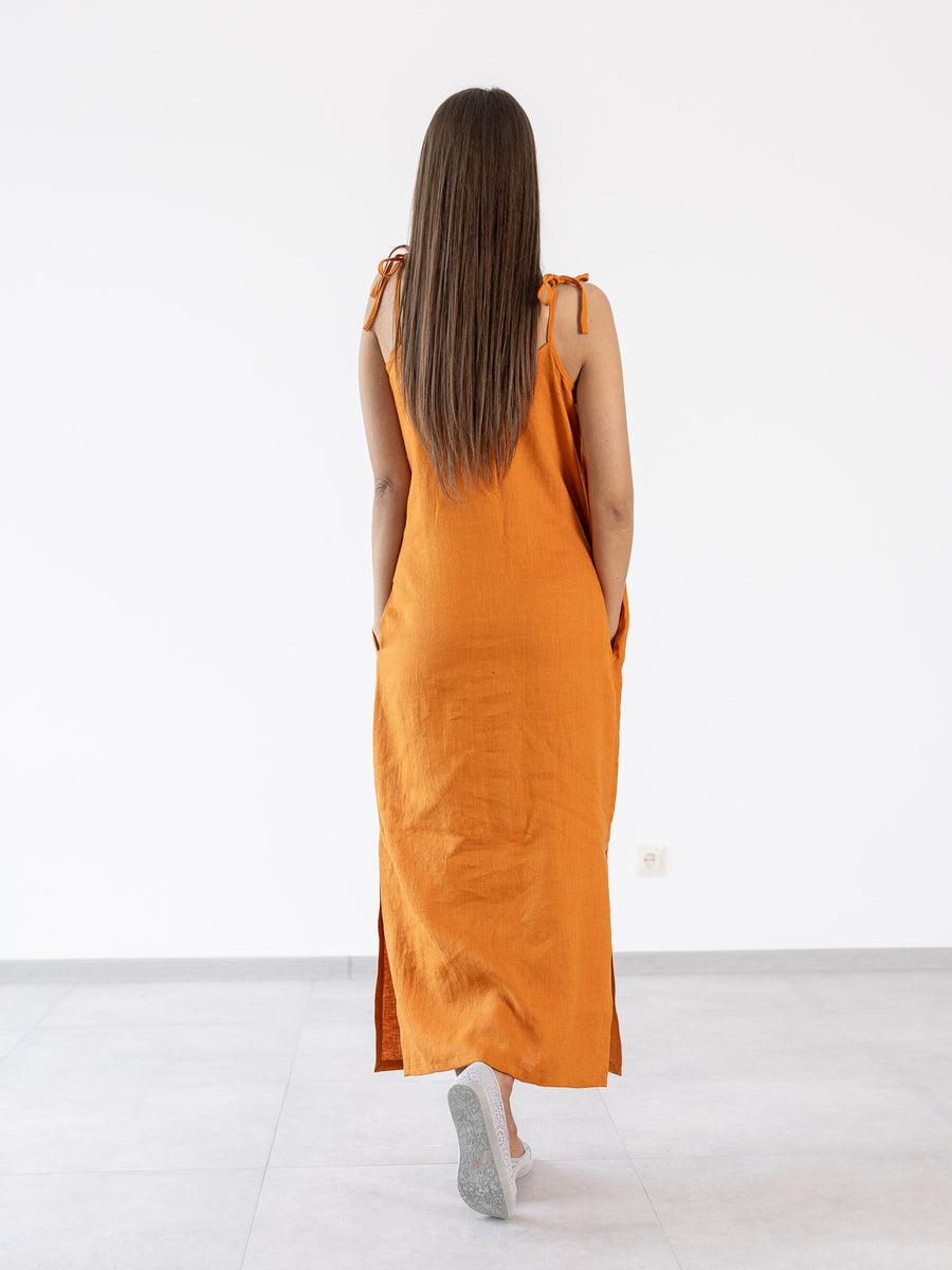 Orange Maxi Linen Dresses Monserrat Minimalist Design Linen Clothing MinimalisticLinen