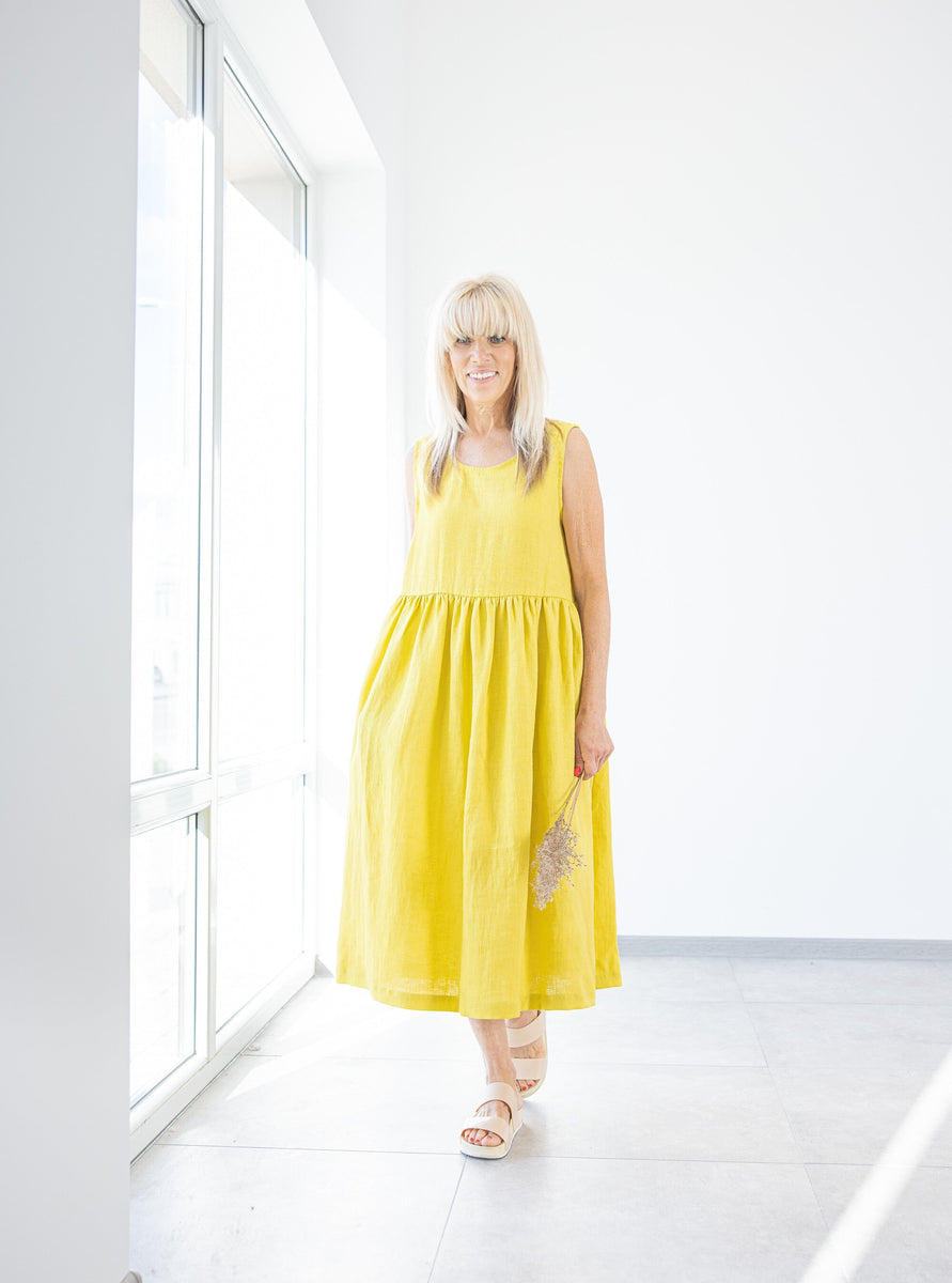 Yellow Linen Dress with Pockets. Minimalist Style Sustainable Ruffle Dresses M / Lemon Yellow