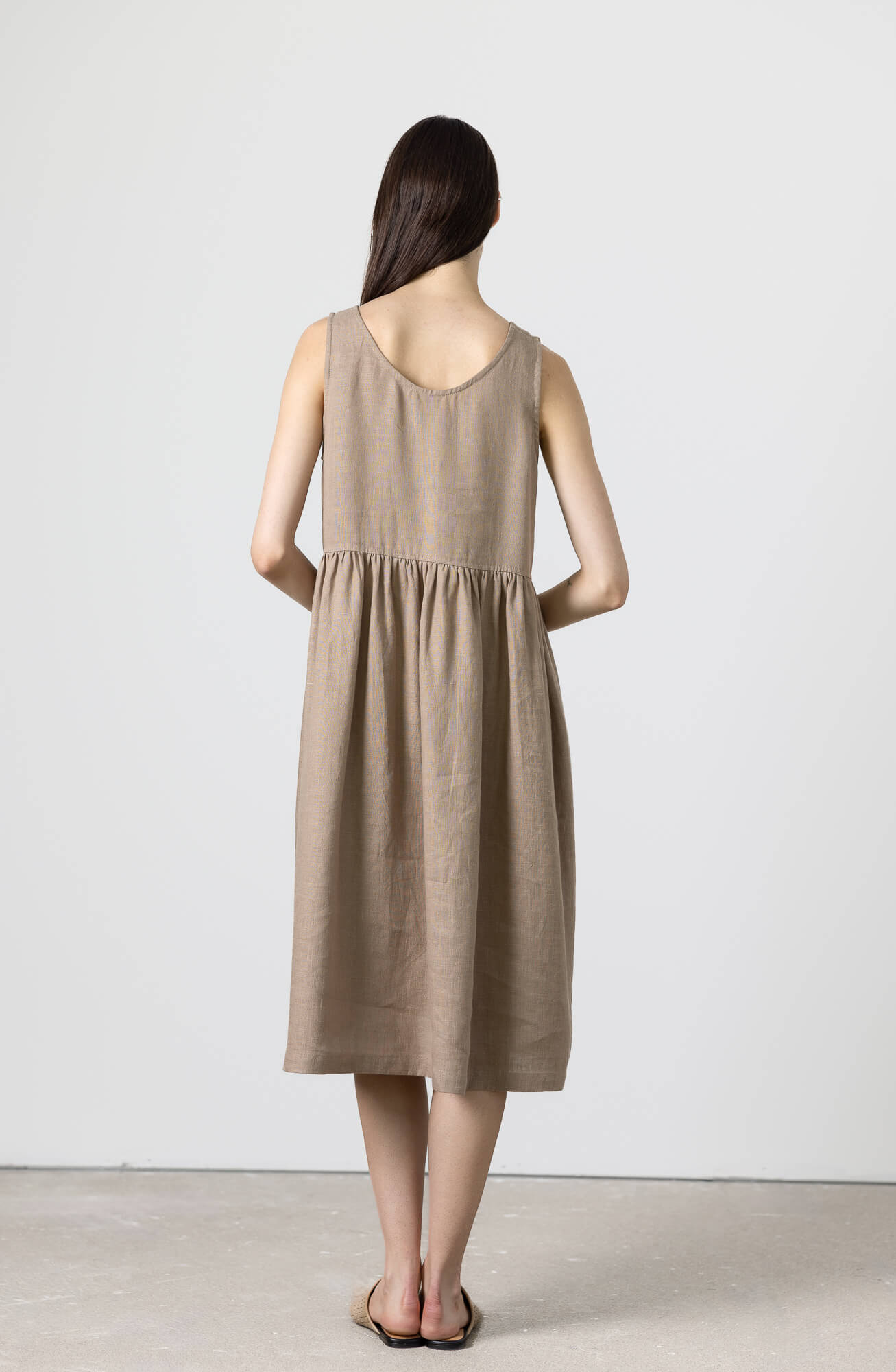 Back view of brown linen midi dress women’s sleeveless linen dress