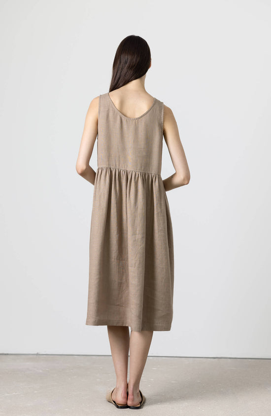 chinese dress ladies Brown Linen Midi Dress Eve – Modern Simplicity