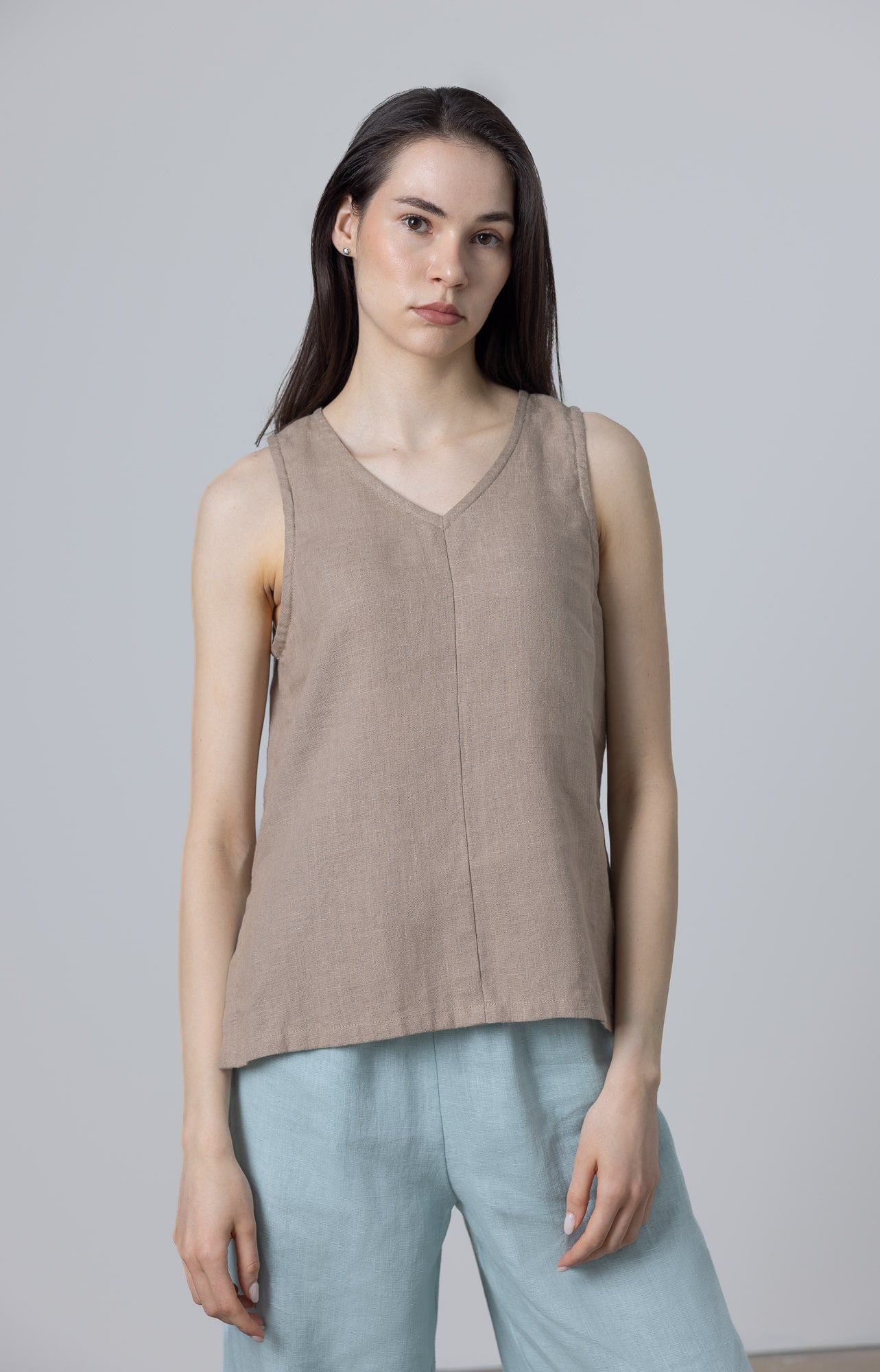 Beige Linen Tank Tops For Women Naomi by MinimalisticLinen – front view sleeveless linen blouse