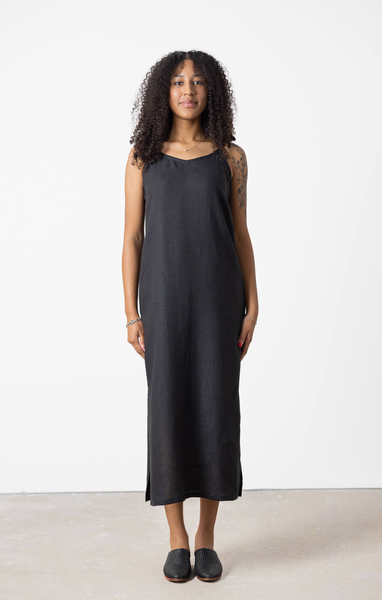 Black linen V neck dress