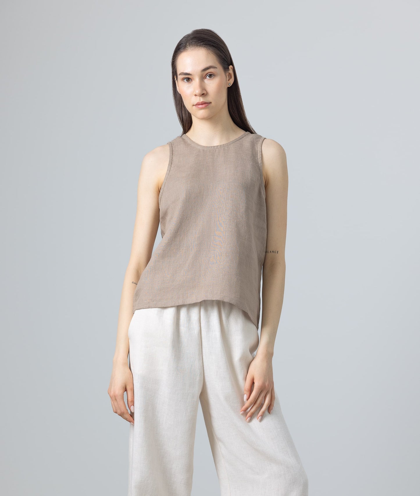 Close-up of breathable linen tank top for women