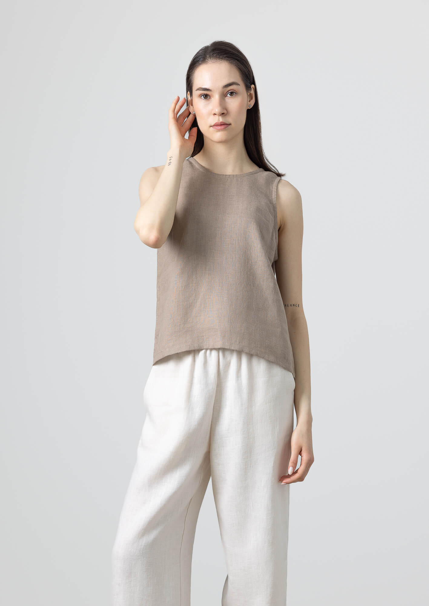 Women's linen tank blouse in natural brown.