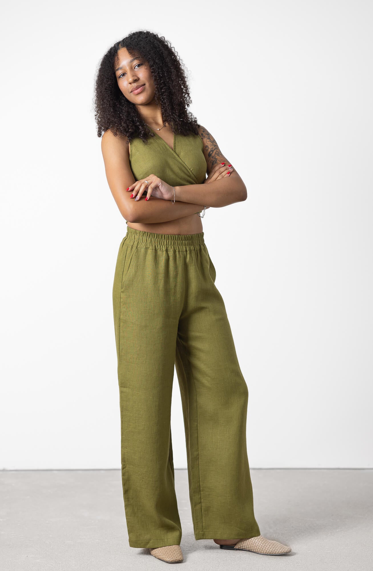 Cropped Linen Wrap Shirt – Relaxed Fit Women