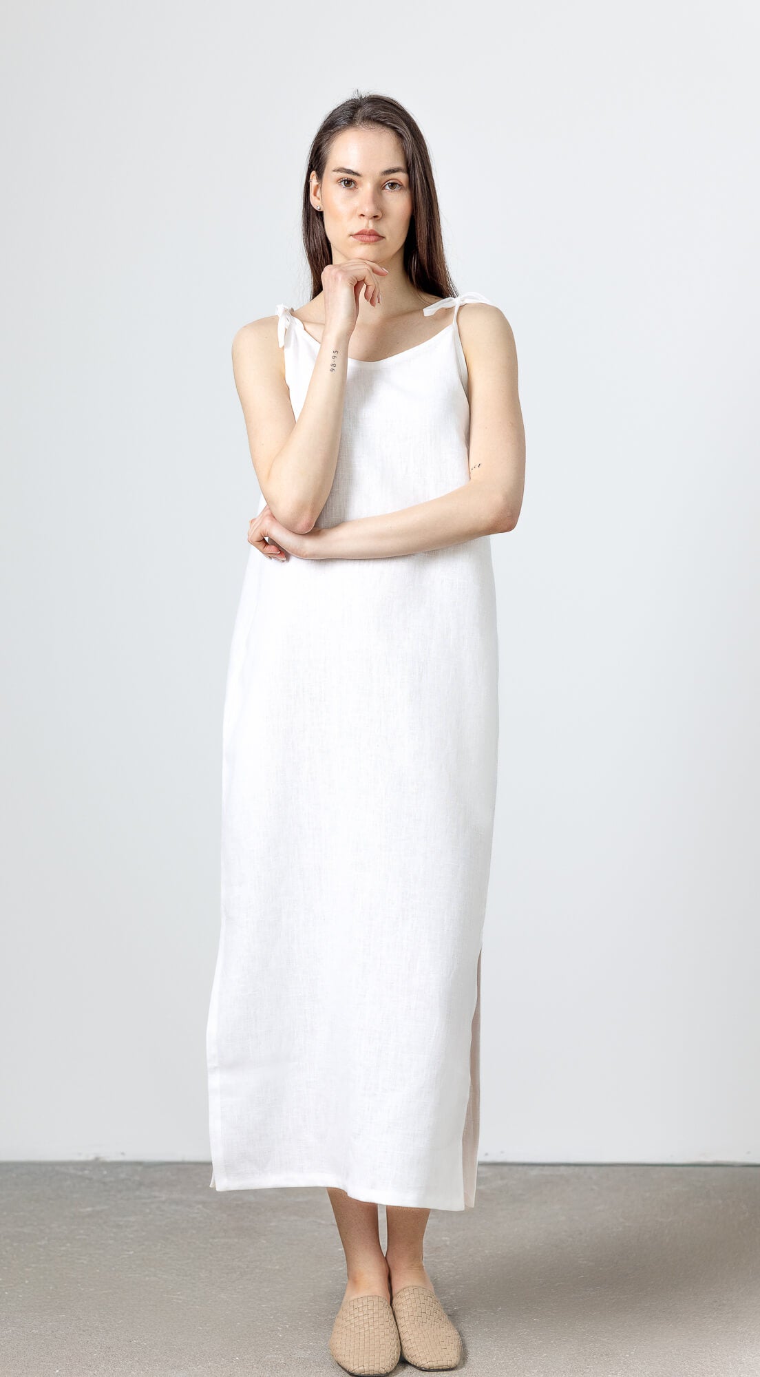 Long white linen dress with adjustable tie shoulder straps