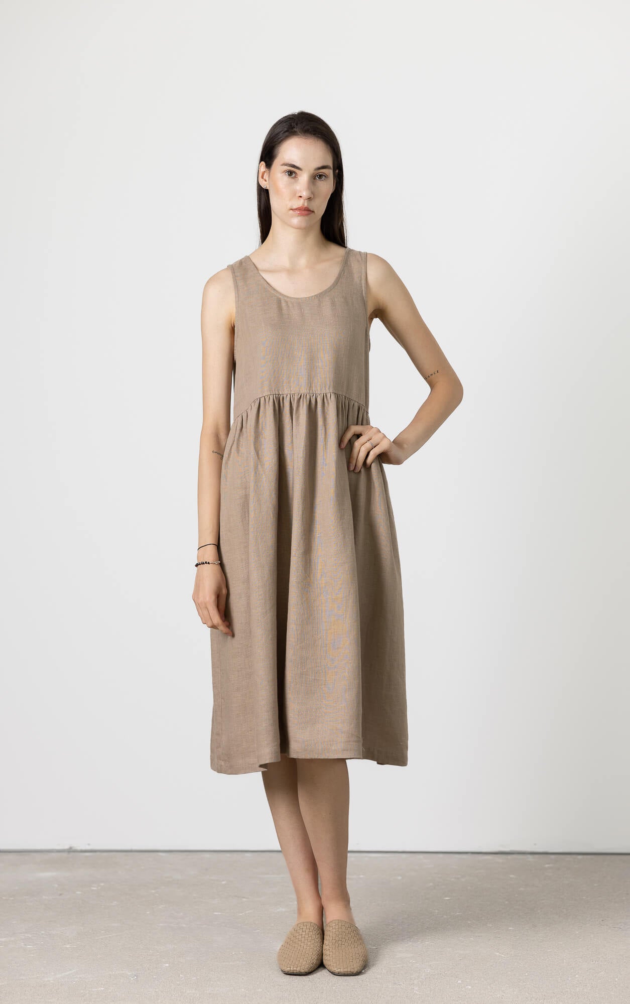 Women camel linen dress 