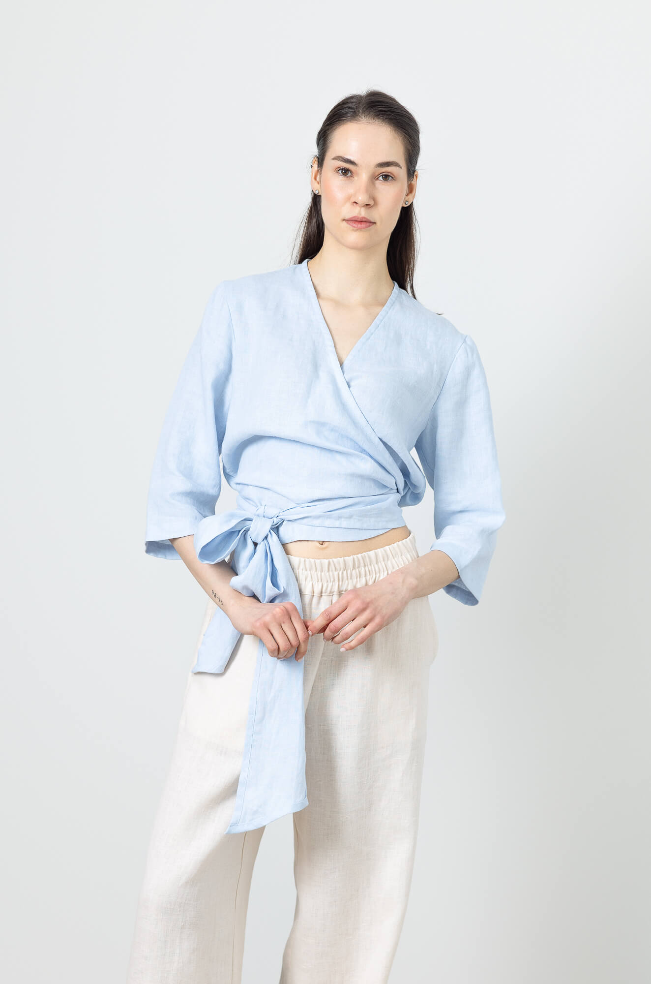 Handmade linen wrap top with long waist tie and V neckline