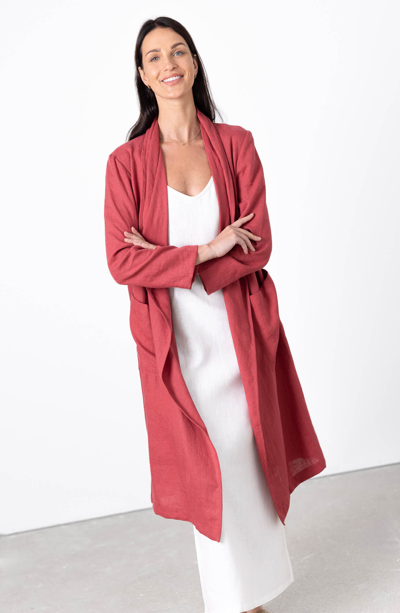 red linen long jacket women modern minimalist fashion look