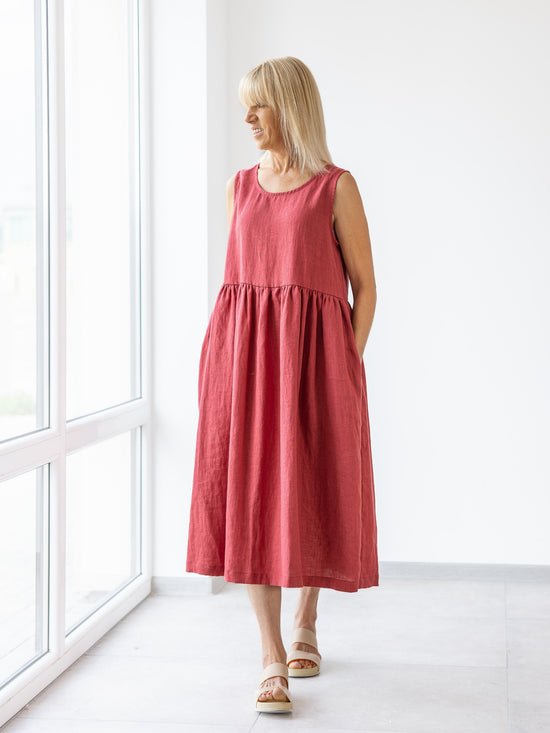 Load image into Gallery viewer, Red Linen midi dresses for woman 
