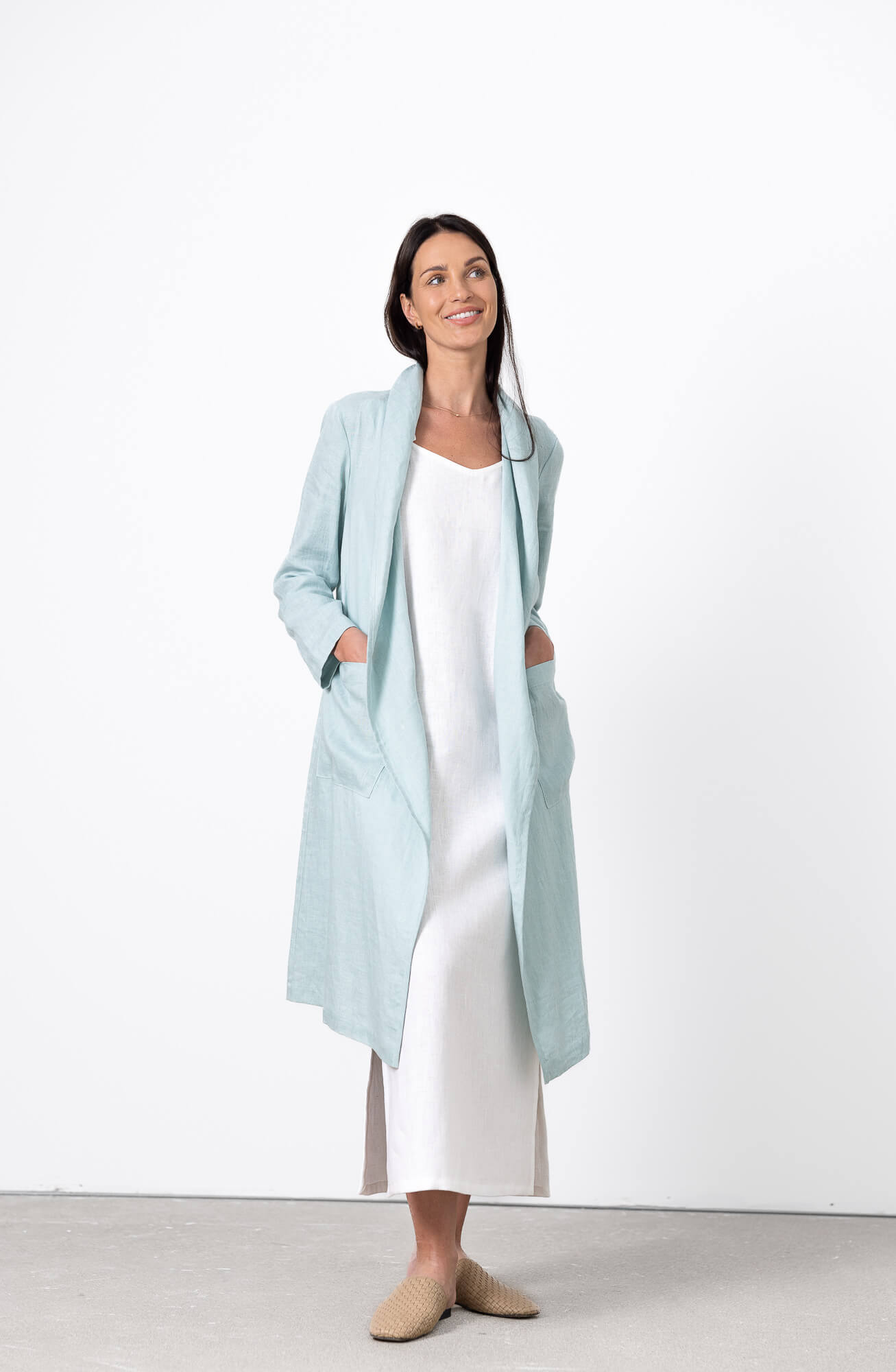 Linen duster coat mint green women style