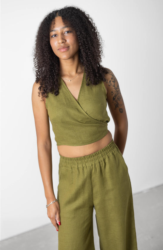 Olive Green Linen Wrap Crop Top for Women Perugia – MinimalisticLinen