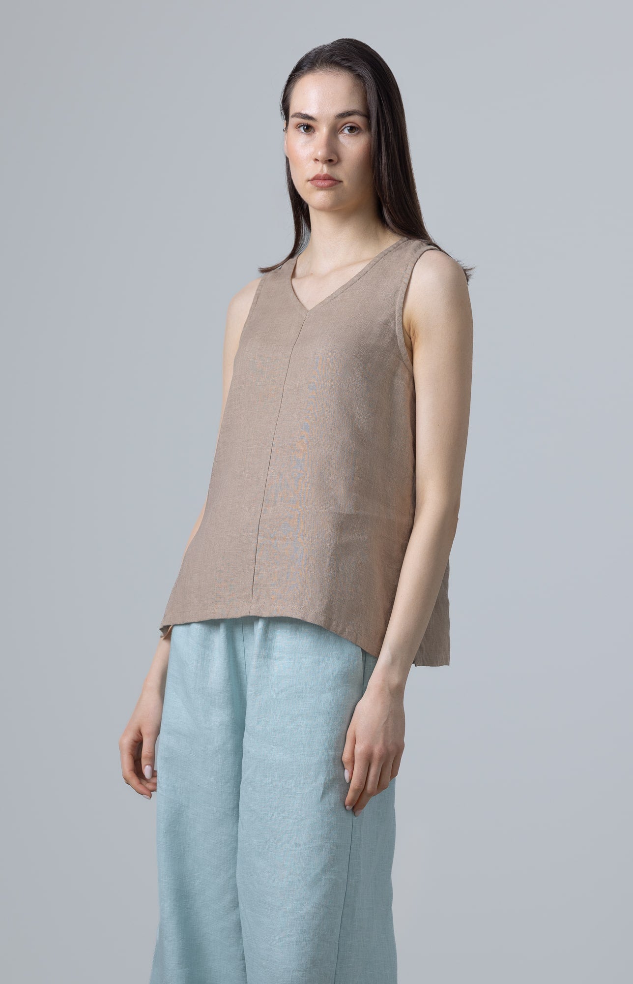 Lightweight beige linen blouse for women – Linen Tank Tops For Women Naomi front detail