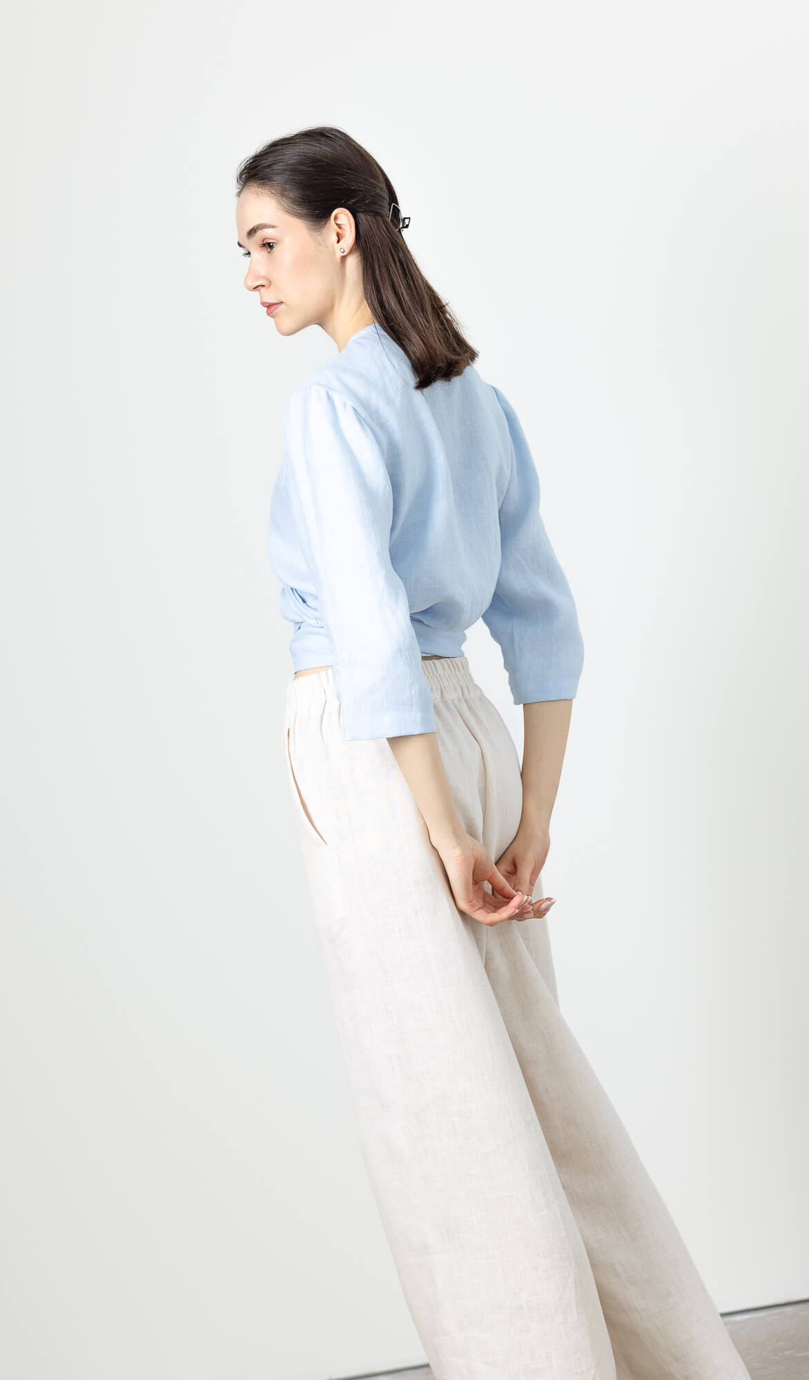 Women’s wrap linen blouse with clean modern silhouette