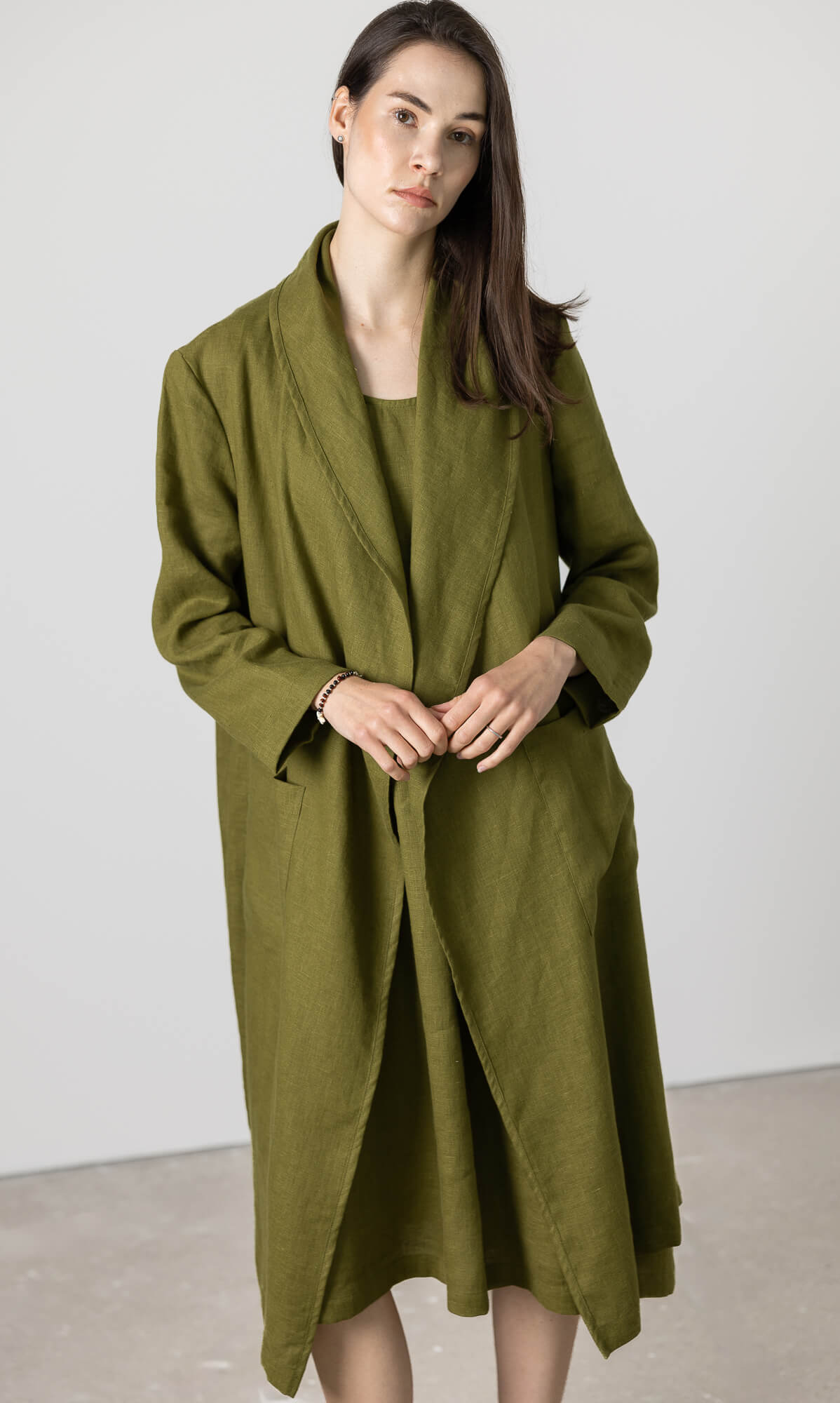 Lightweight linen duster coat with open front design