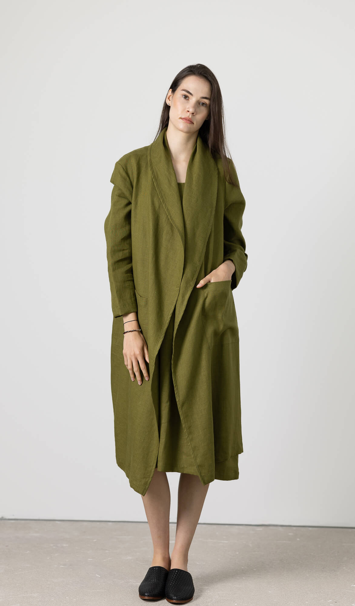 Lightweight linen duster layered over neutral outfit