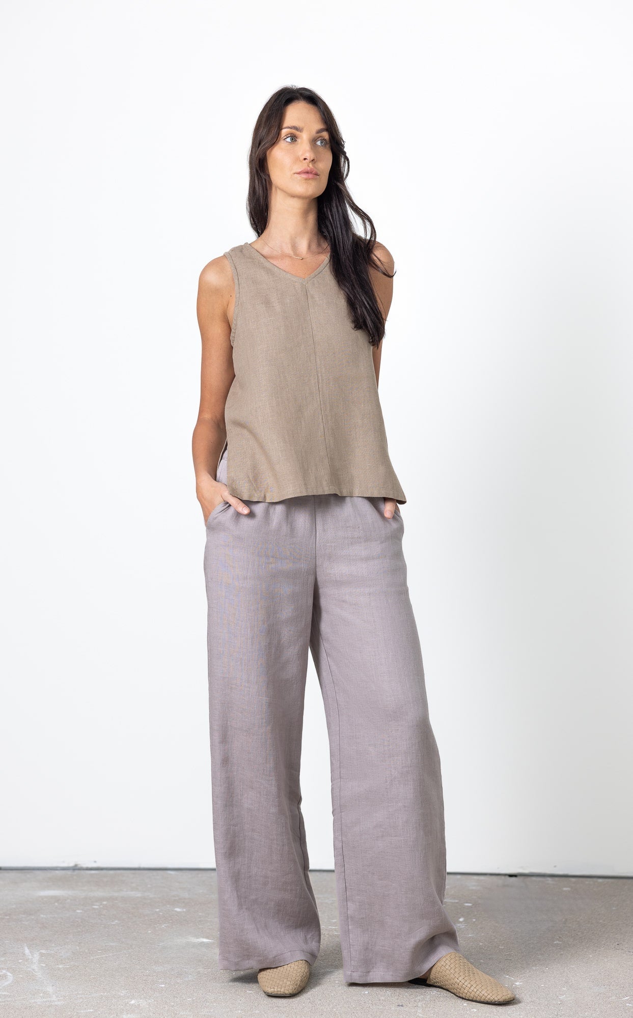 Sleeveless linen blouse for women – elegant natural fiber top in soft brown