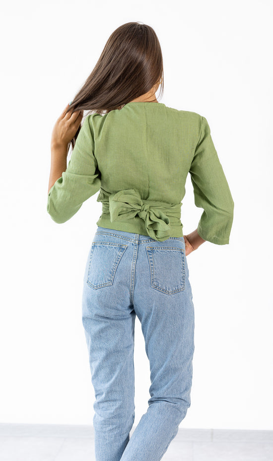 Linen Green wrap shirt womens