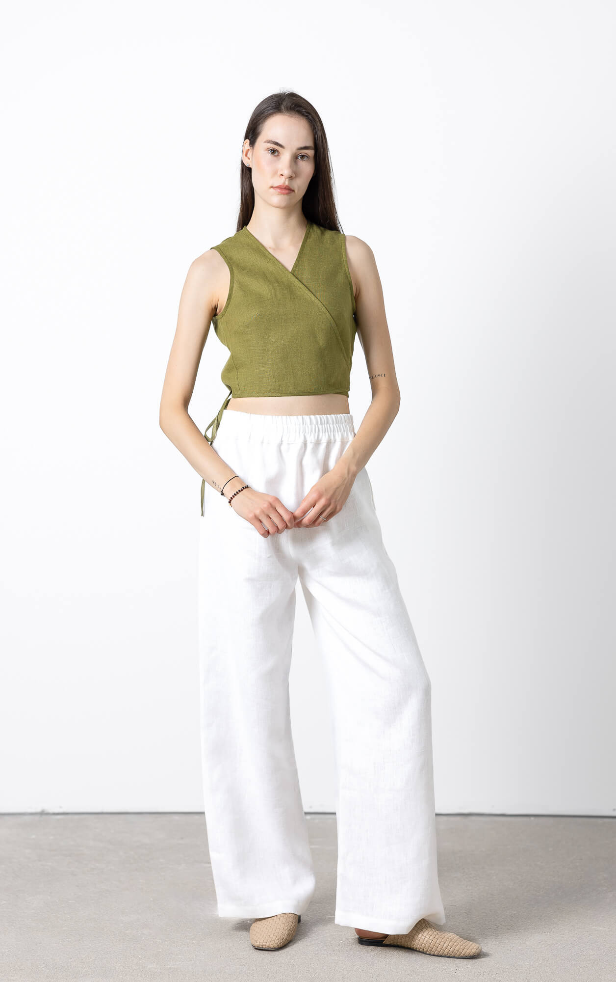 Women's sleeveless linen wrap crop top with adjustable side tie, breathable lightweight linen blouse made from OEKO-TEX® certified fabric, minimalist summer top for everyday wear