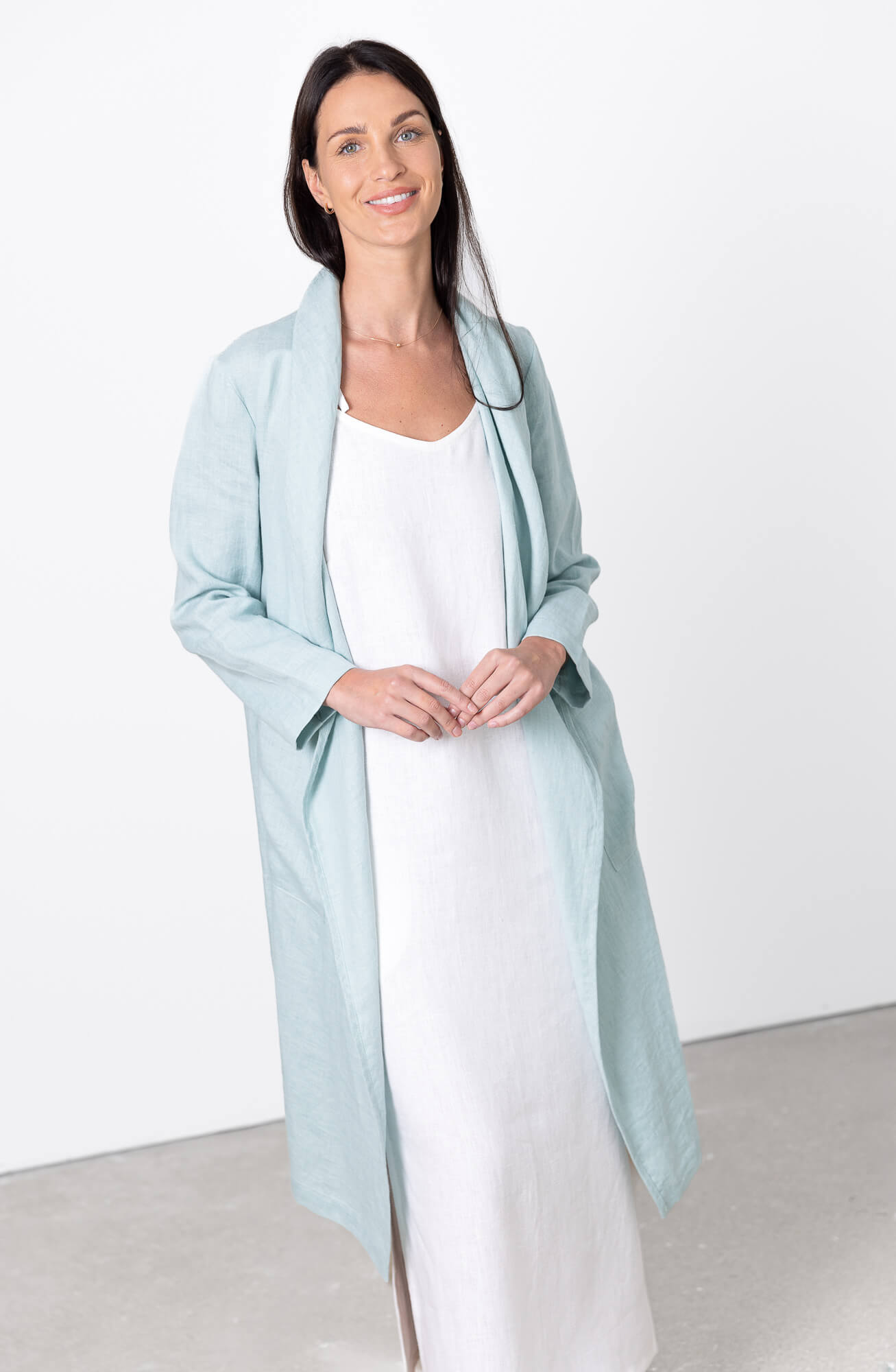 mint green linen long coat women lightweight layering piece