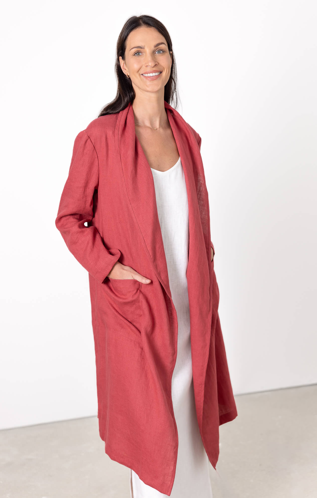 Linen cardigan open front mahogany-red