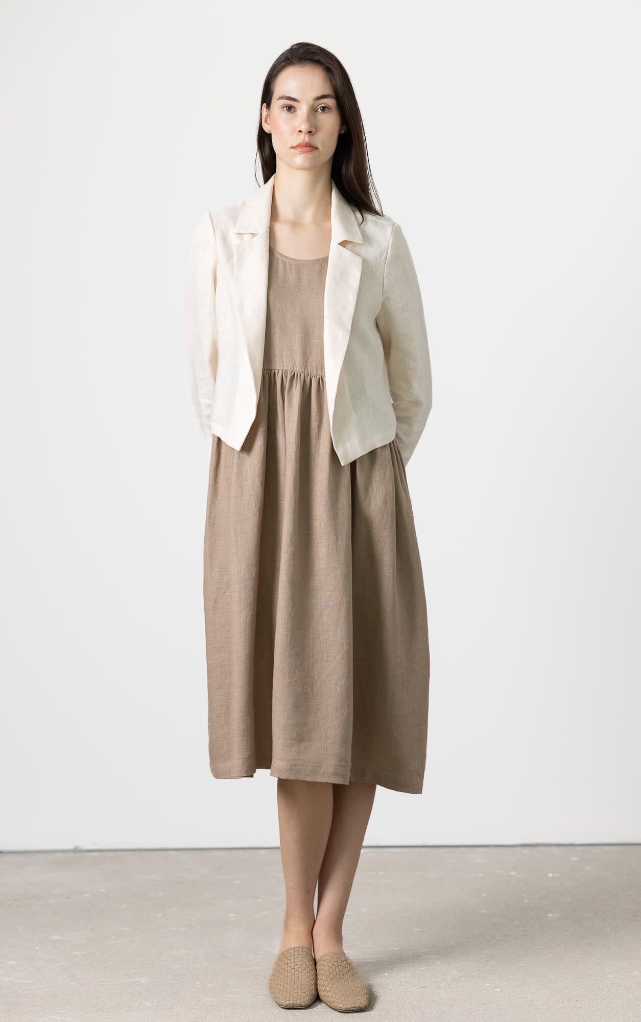 Linen cropped jacket styled for minimalist fashion look