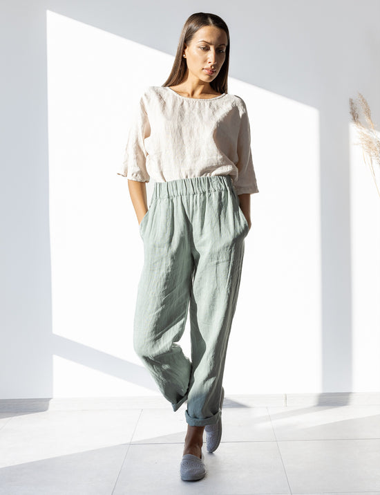 Load image into Gallery viewer, Linen beach pants green
