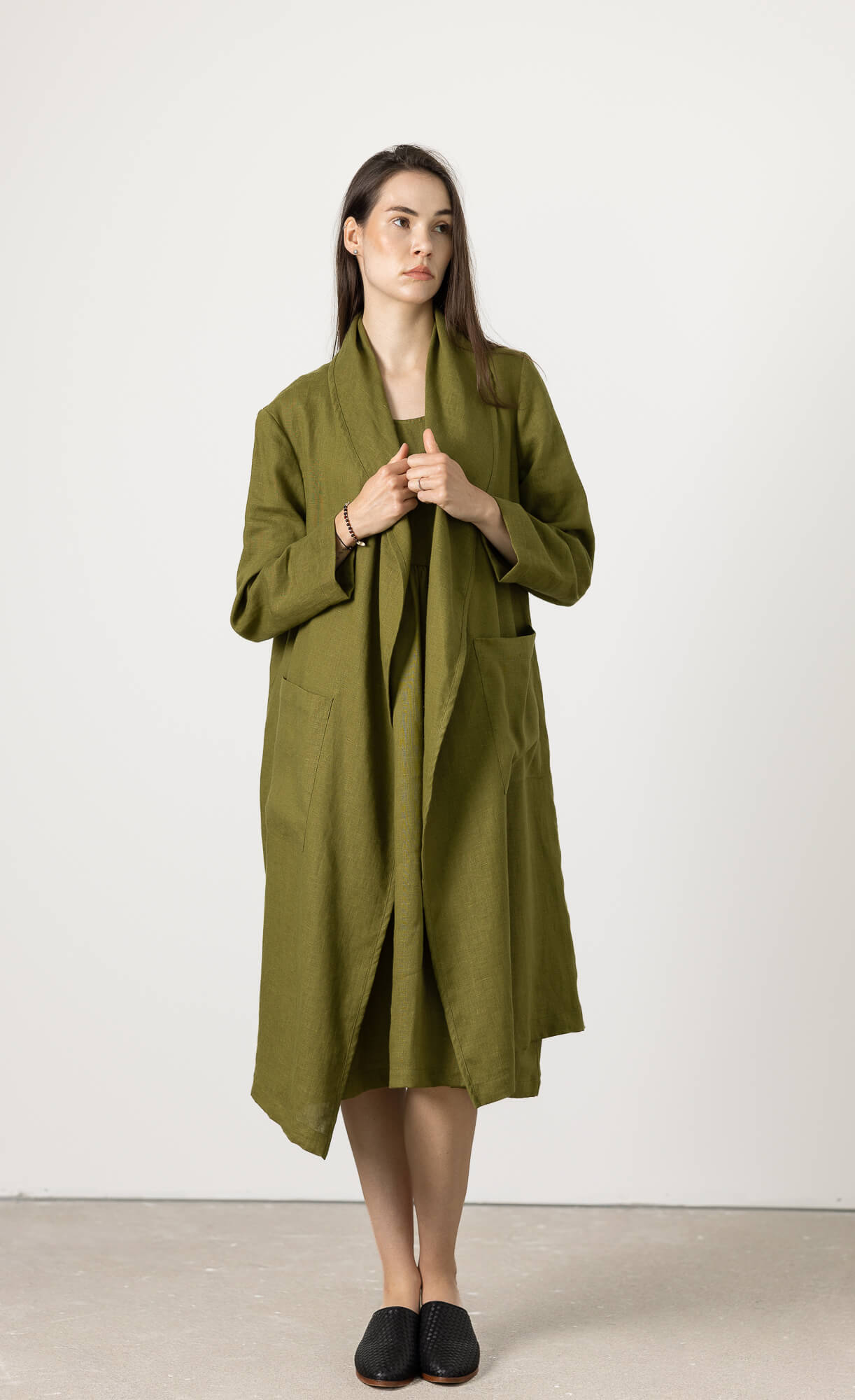 Long linen duster for women in minimalist natural style