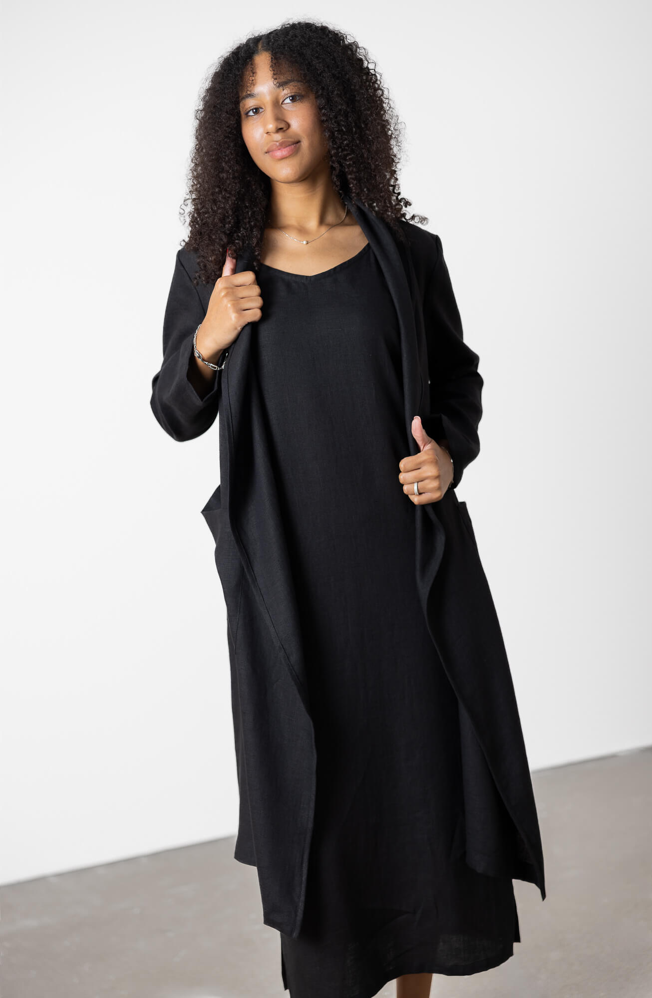 Long open linen coat women